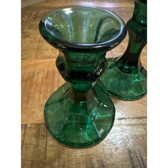 Vintage Green Glass Taper Candle Holders 4.5" Tall Set Of 2 Decorative Hexagonal - Picture 3 of 6